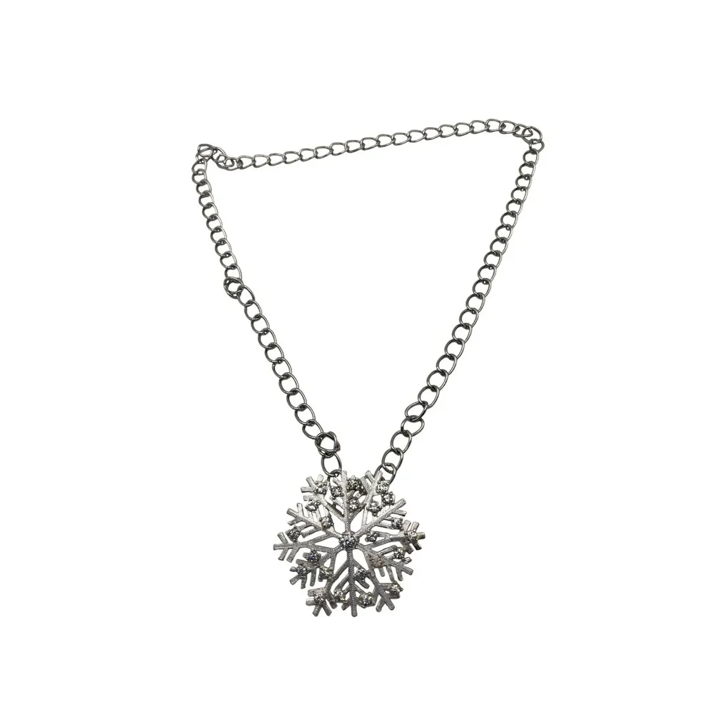 Women Silver Tone Snowflake Pendant Necklace Rhinestone Accents Chain Jewelry